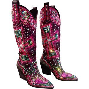 Women's Multi Black Fashion Rhinestone Cross Western Knee-High Cowboy Boots